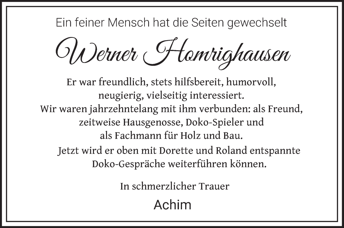 Traueranzeige von Werner Homrighausen von WESER-KURIER