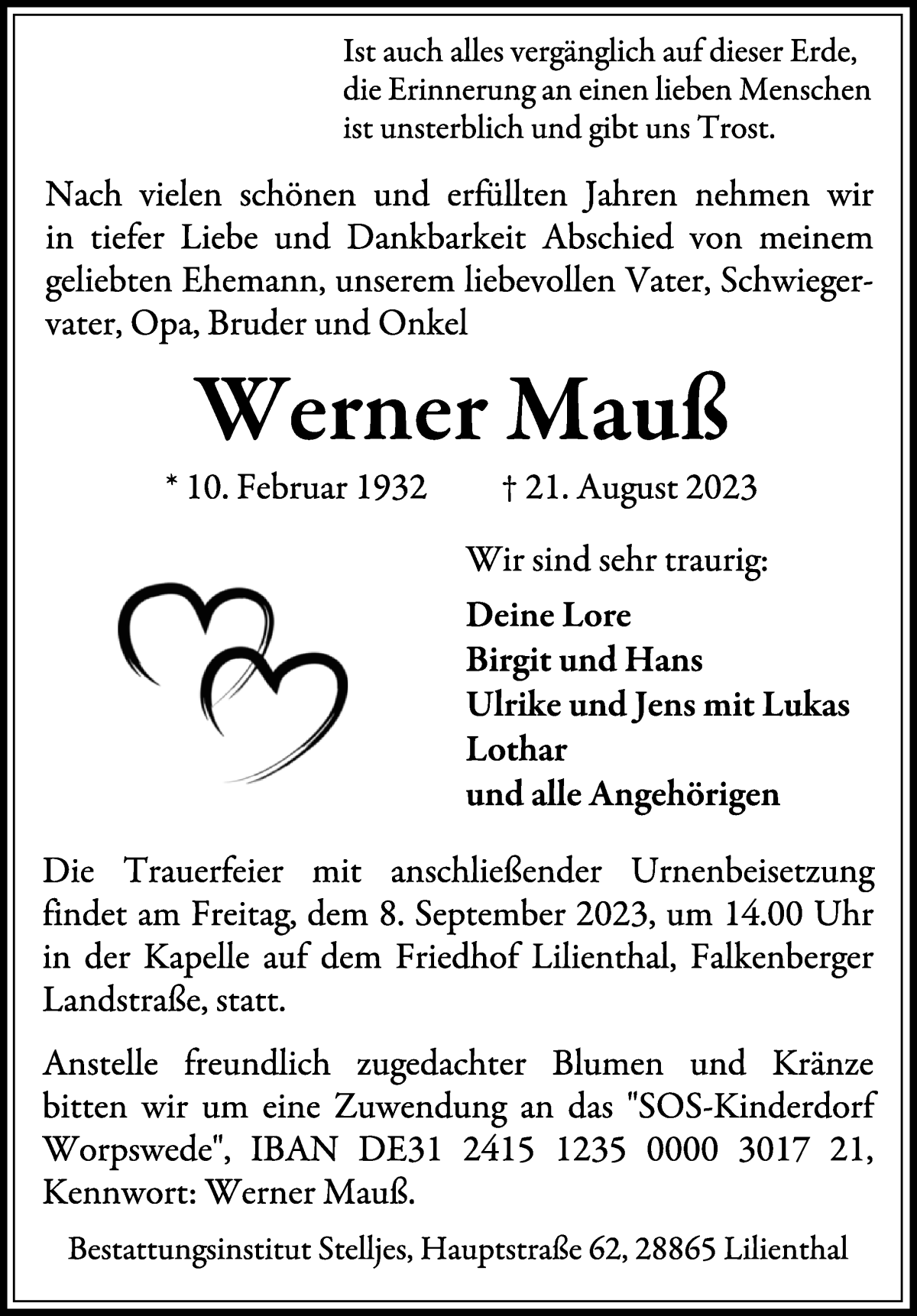 Traueranzeige von Werner Mauß von WESER-KURIER