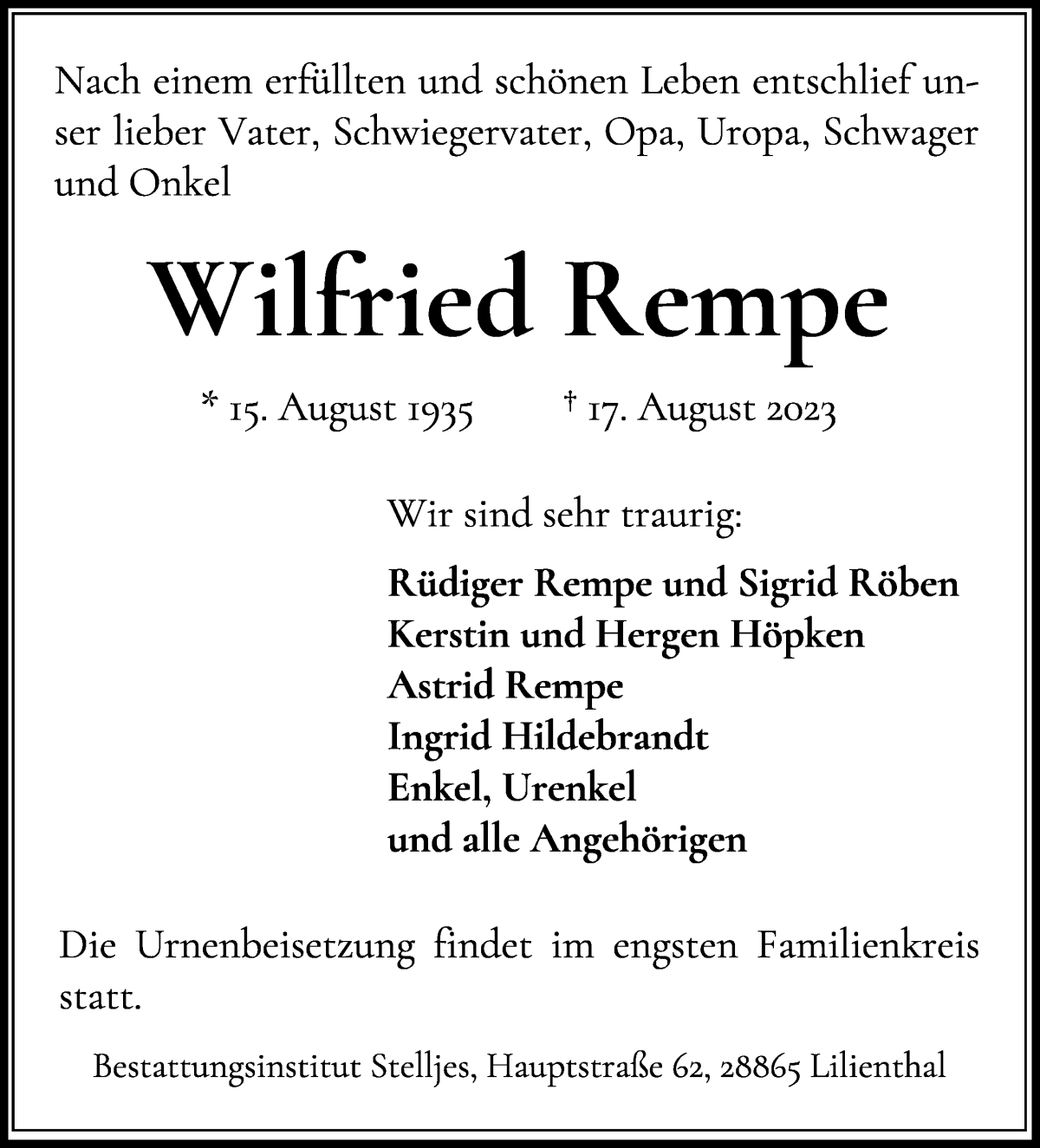 Traueranzeige von Wilfried Rempe von Wuemme Zeitung