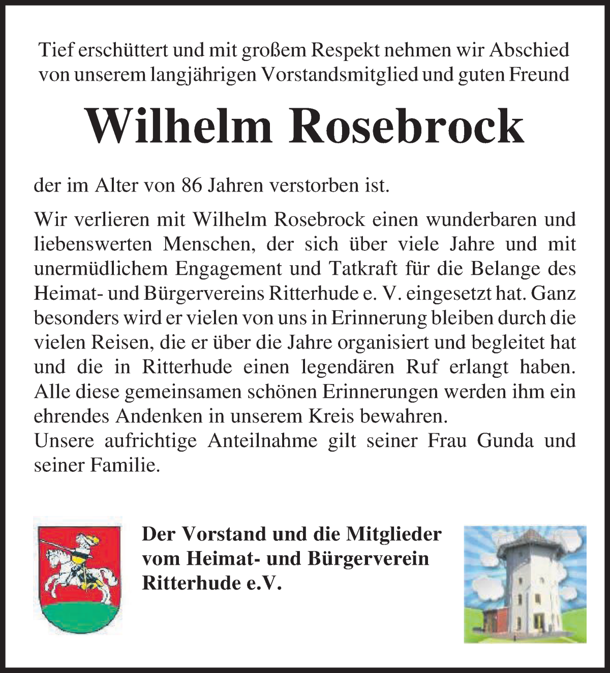 Traueranzeige von Wilhelm Rosebrock von Osterholzer Kreisblatt