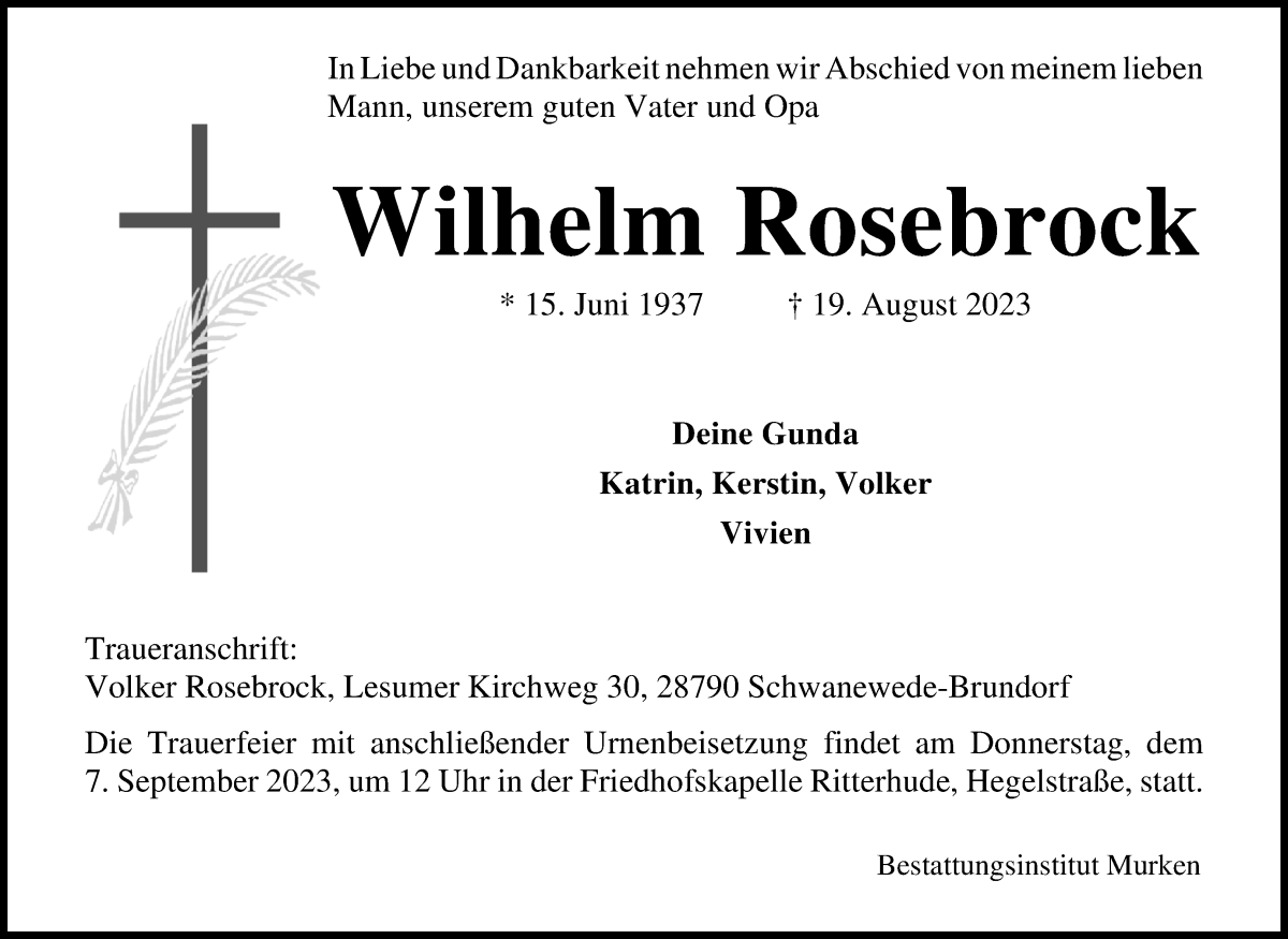 Traueranzeige von Wilhelm Rosebrock von Osterholzer Kreisblatt