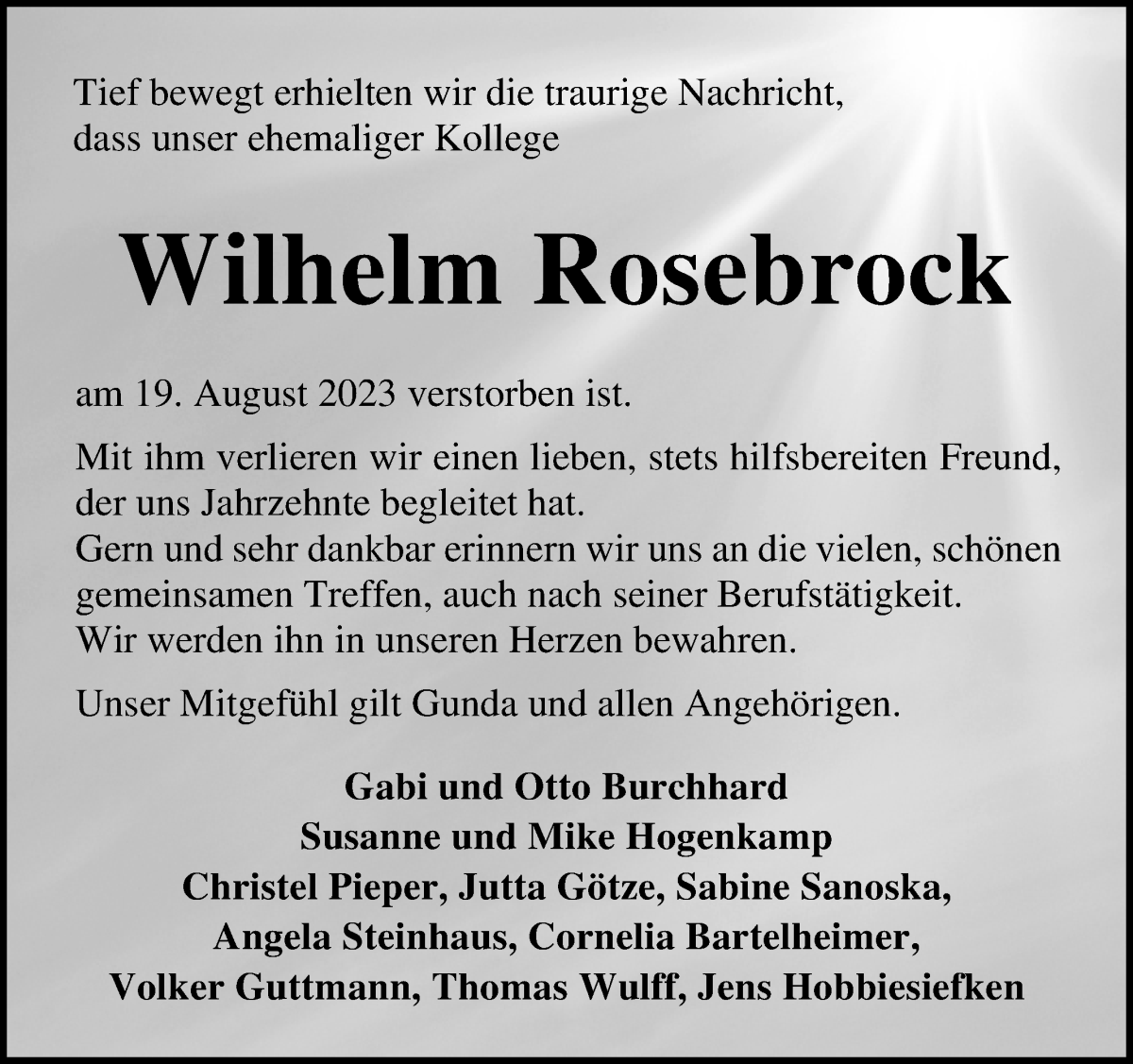 Traueranzeige von Wilhelm Rosebrock von Osterholzer Kreisblatt