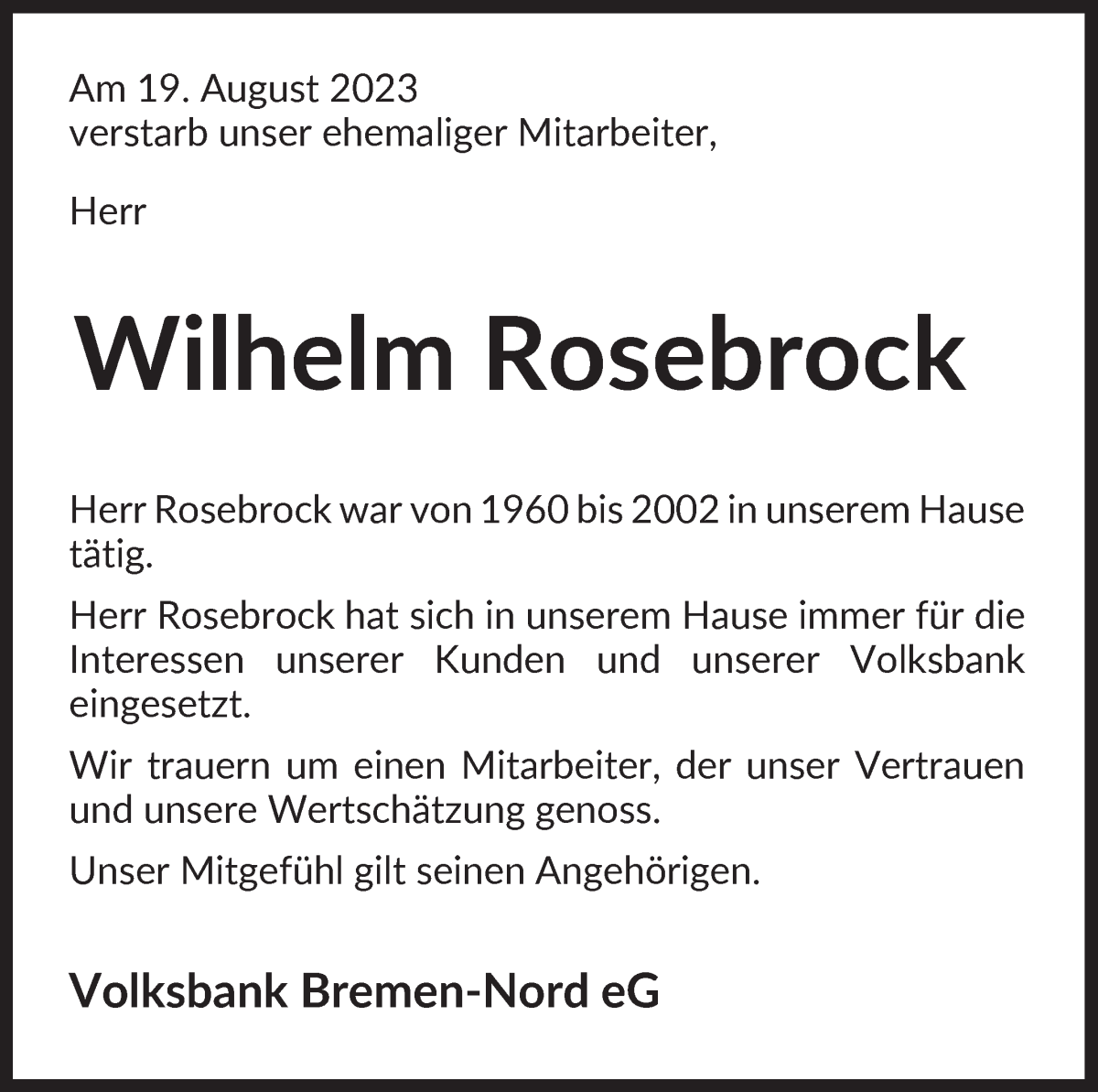 Traueranzeige von Wilhelm Rosebrock von Osterholzer Kreisblatt
