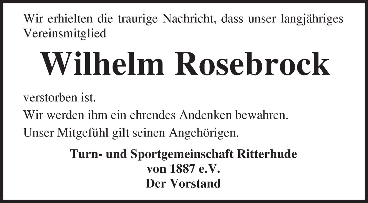 Traueranzeige von Wilhelm Rosebrock von Osterholzer Kreisblatt