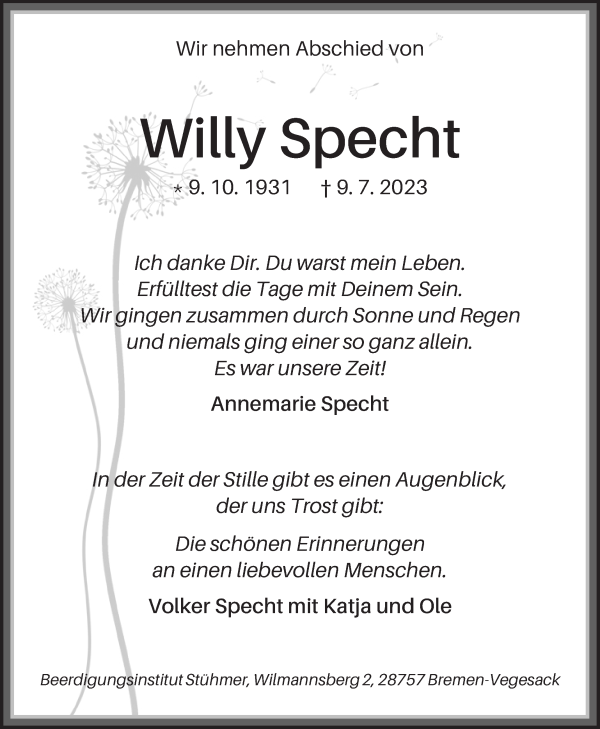 Traueranzeige von Willy Specht von Die Norddeutsche