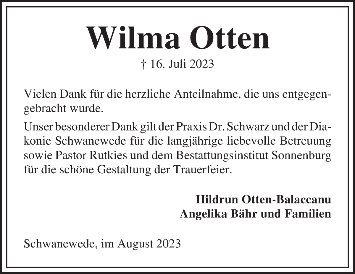 Traueranzeige von Wilma Otten von Die Norddeutsche