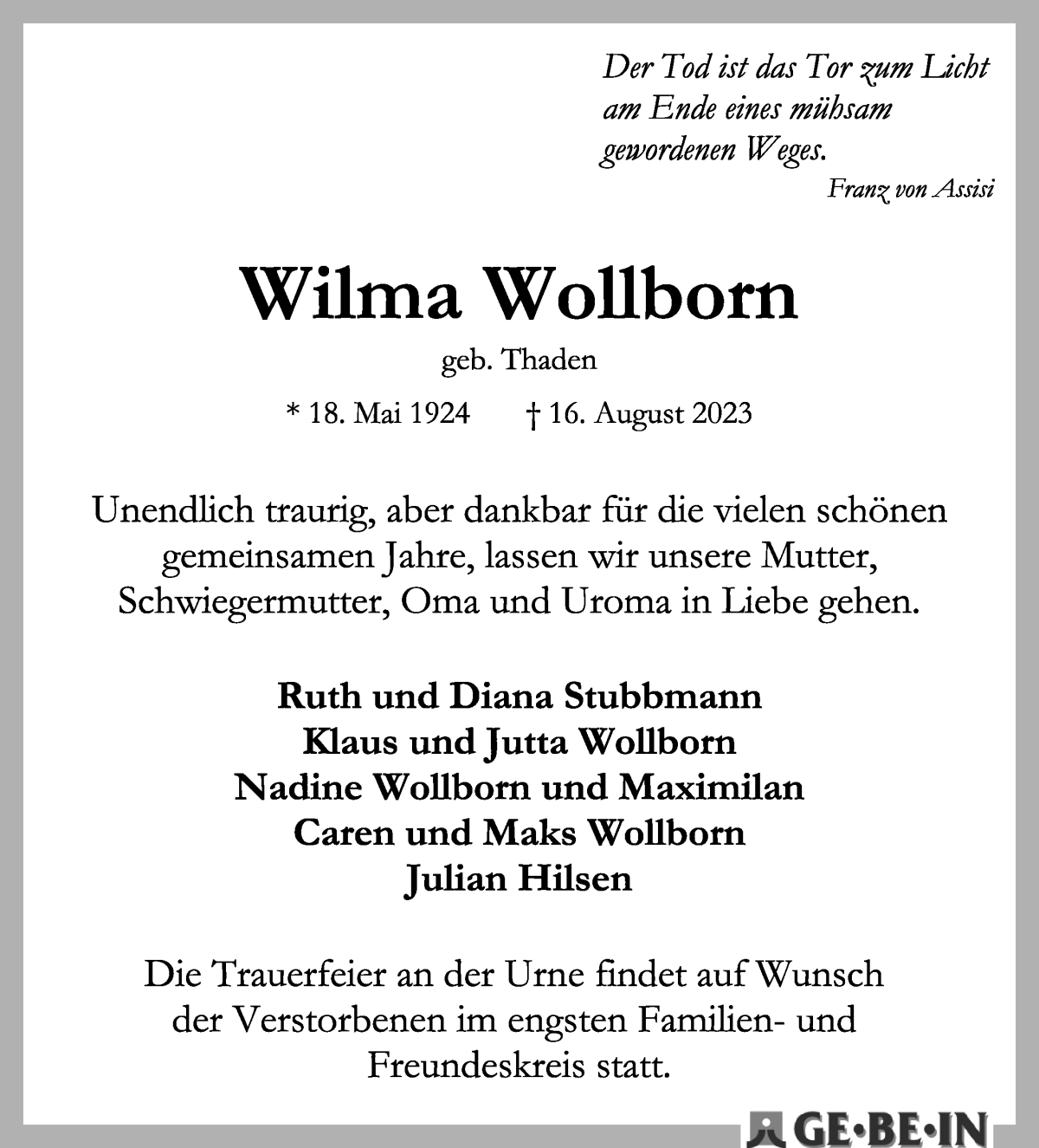Traueranzeige von Wilma Wollborn von WESER-KURIER
