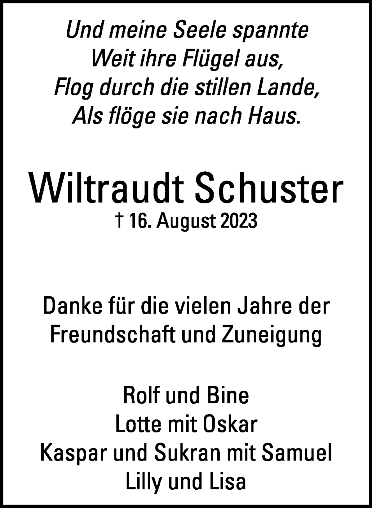Traueranzeige von Wiltraudt Schuster von WESER-KURIER
