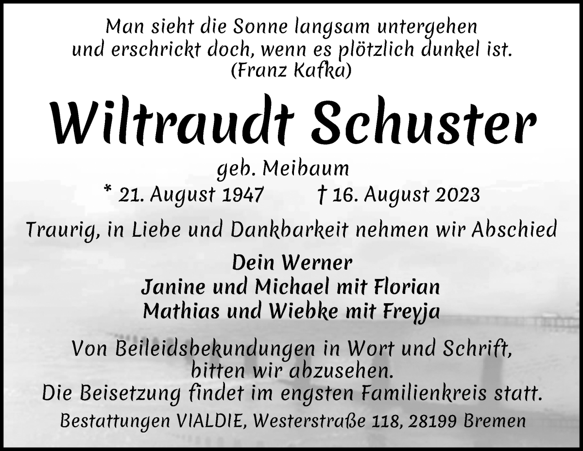 Traueranzeige von Wiltraudt Schuster von WESER-KURIER