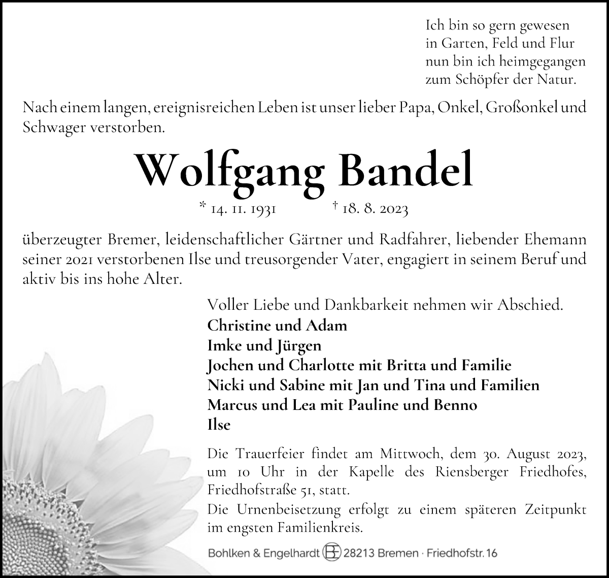Traueranzeige von Wolfgang Bandel von WESER-KURIER