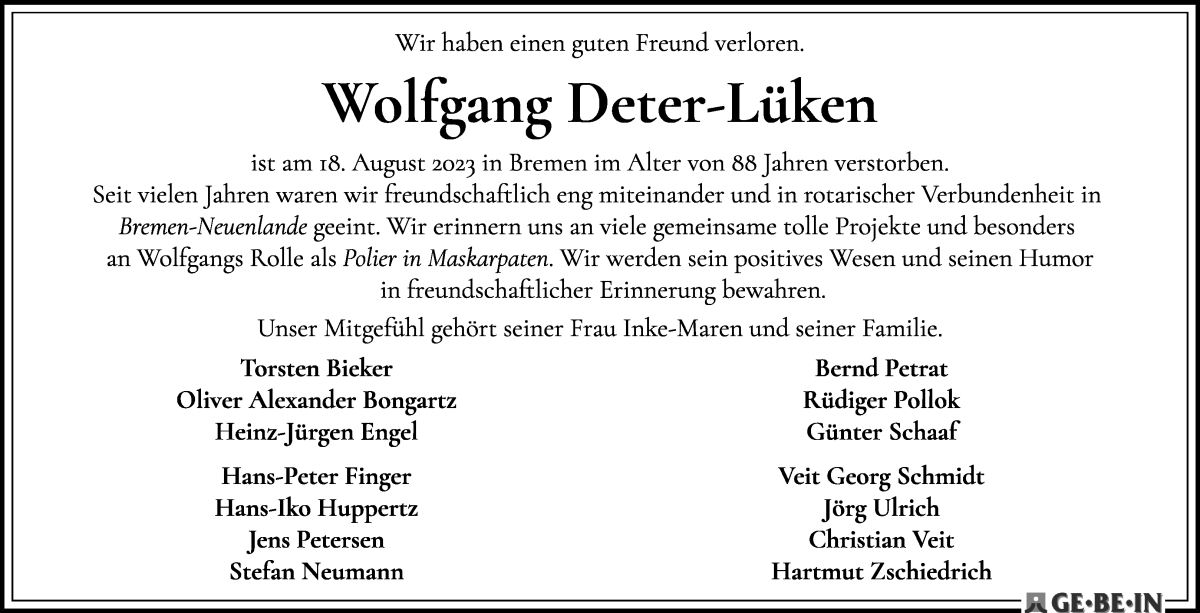 Traueranzeige von Wolfgang Deter-Lüken von WESER-KURIER