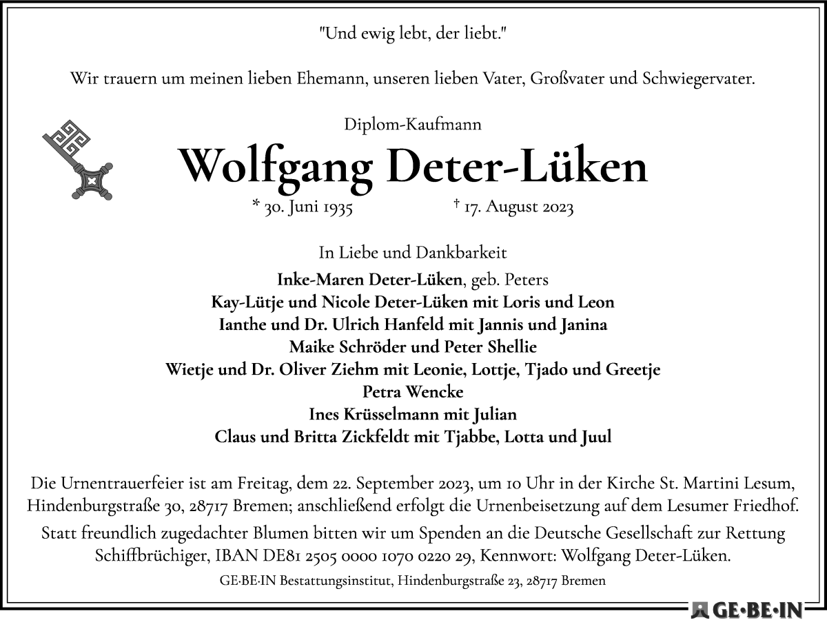 Traueranzeige von Wolfgang Deter-Lüken von WESER-KURIER