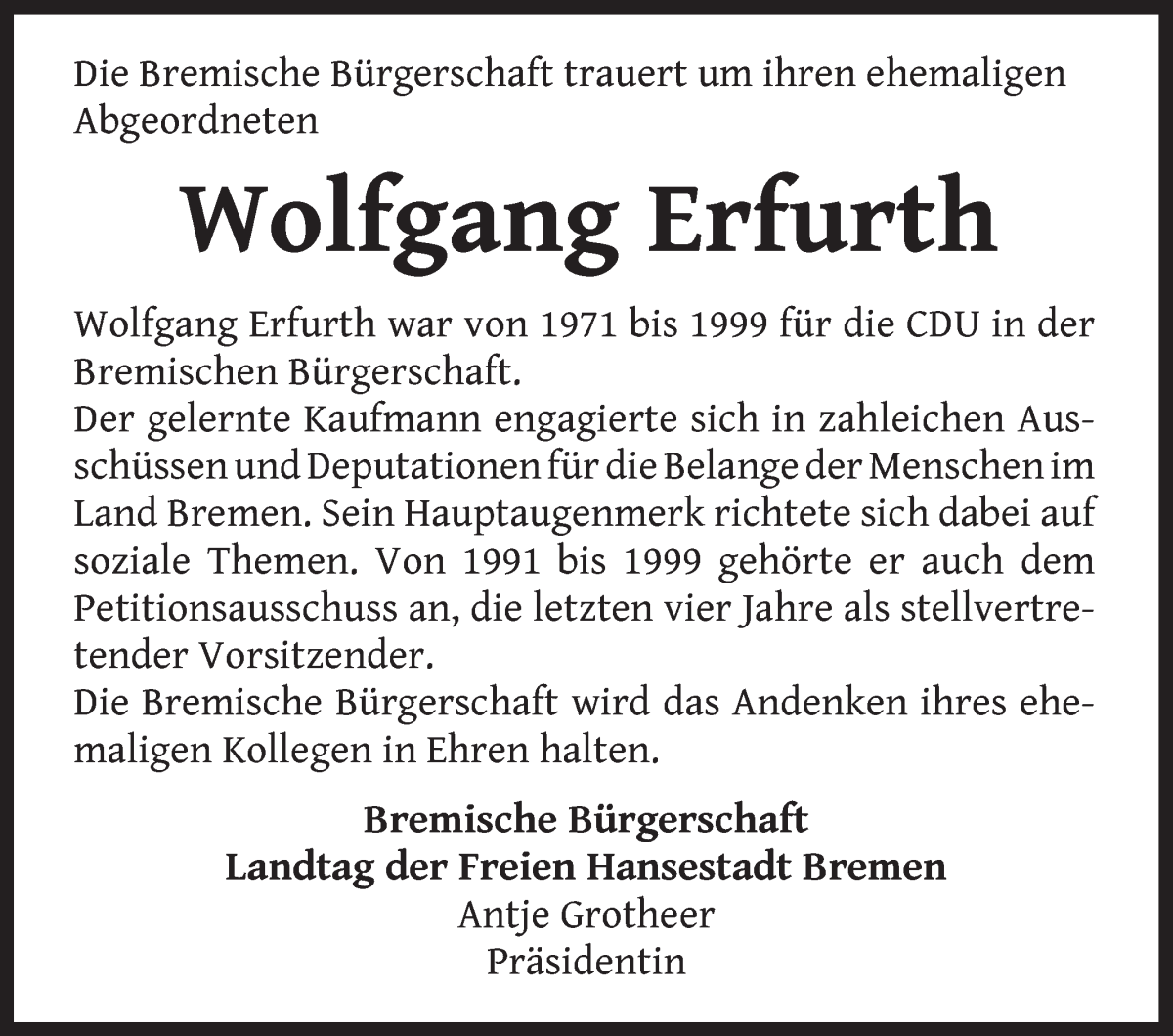 Traueranzeige von Wolfgang Erfurth von WESER-KURIER