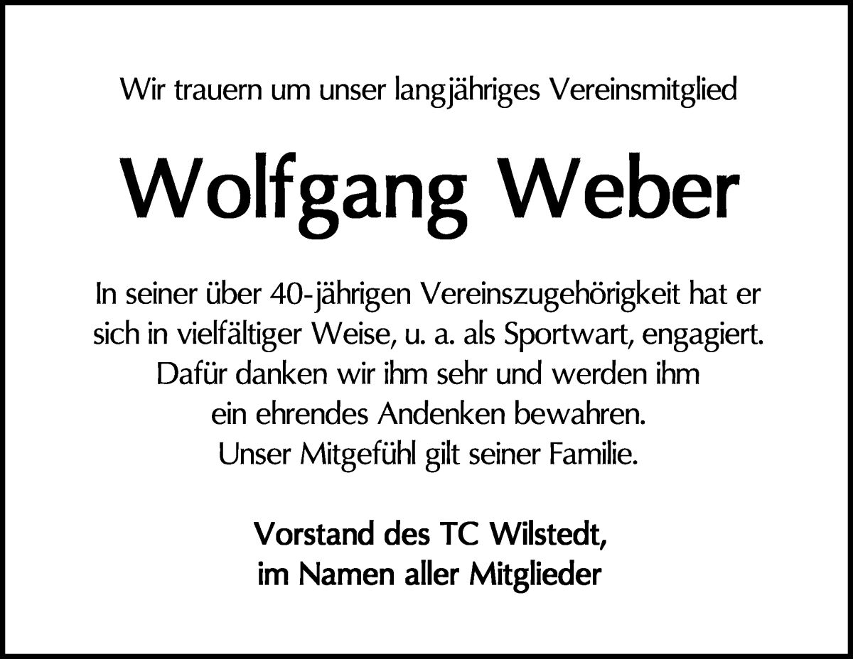 Traueranzeige von Wolfgang Weber von Wuemme Zeitung