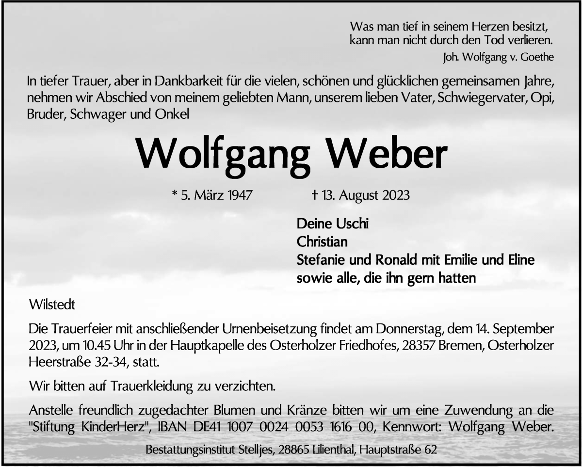 Traueranzeige von Wolfgang Weber von Wuemme Zeitung