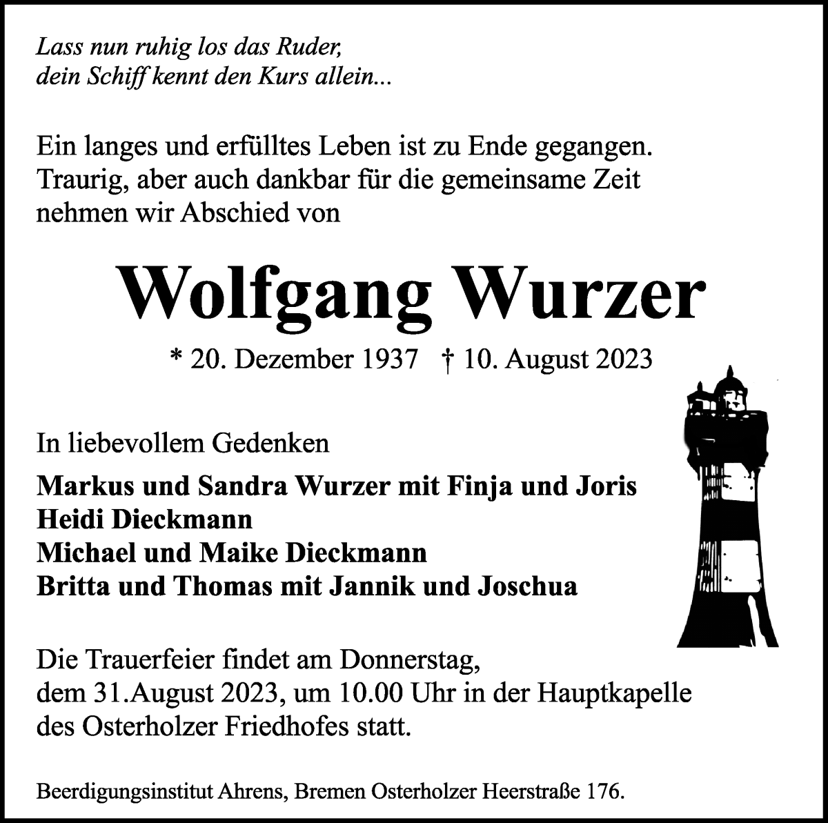Traueranzeige von Wolfgang Wurzer von WESER-KURIER