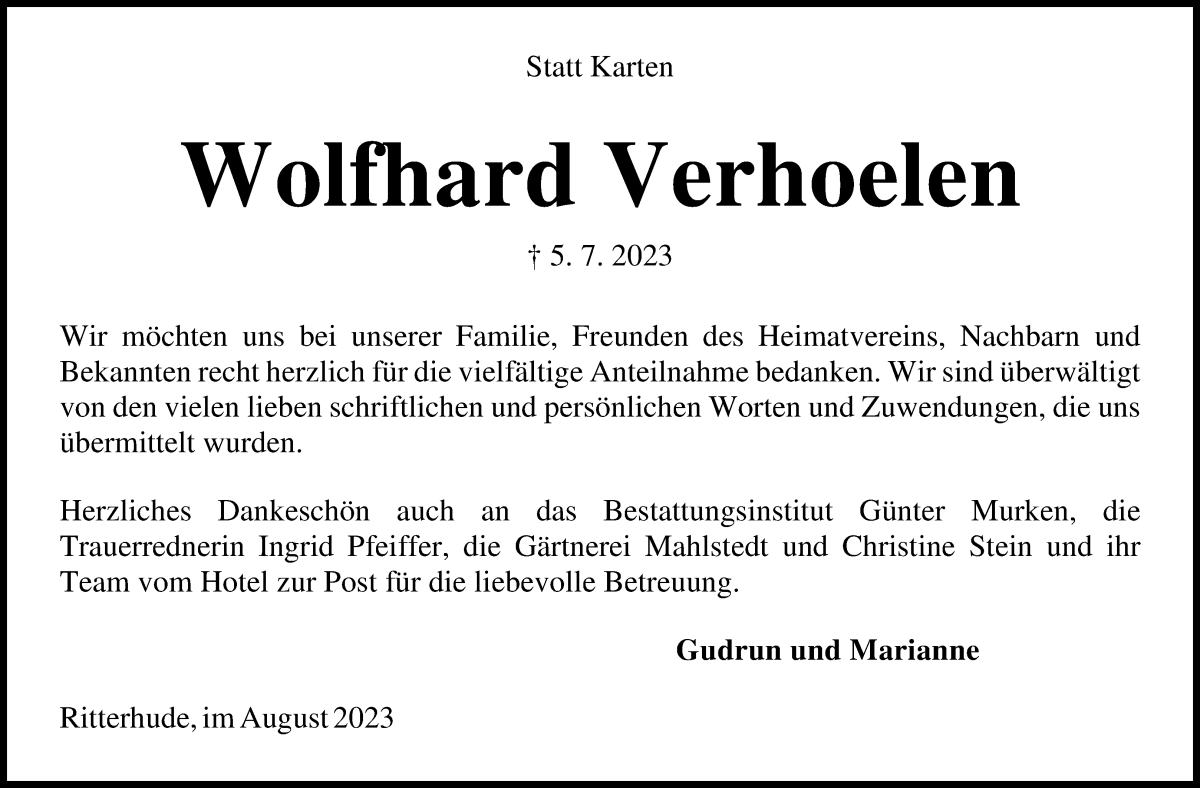 Traueranzeige von Wolfhard Verhoelen von Osterholzer Kreisblatt