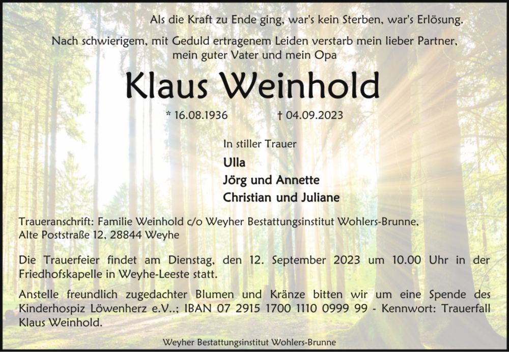 Traueranzeige von Klaus Weinhold von WESER-KURIER