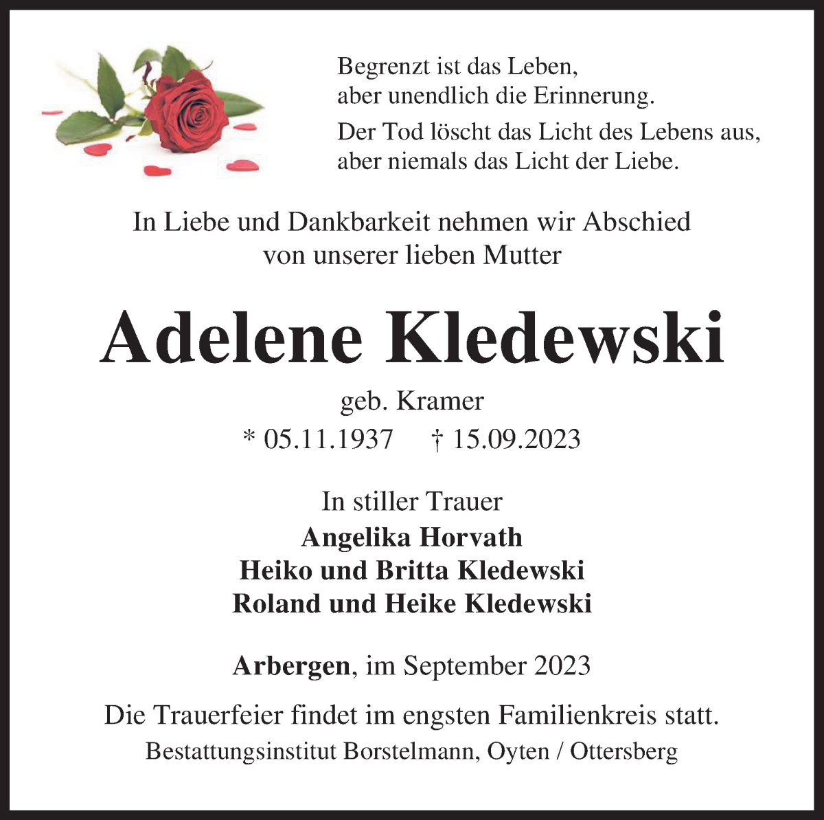 Traueranzeige von Adelene Kledewski von WESER-KURIER