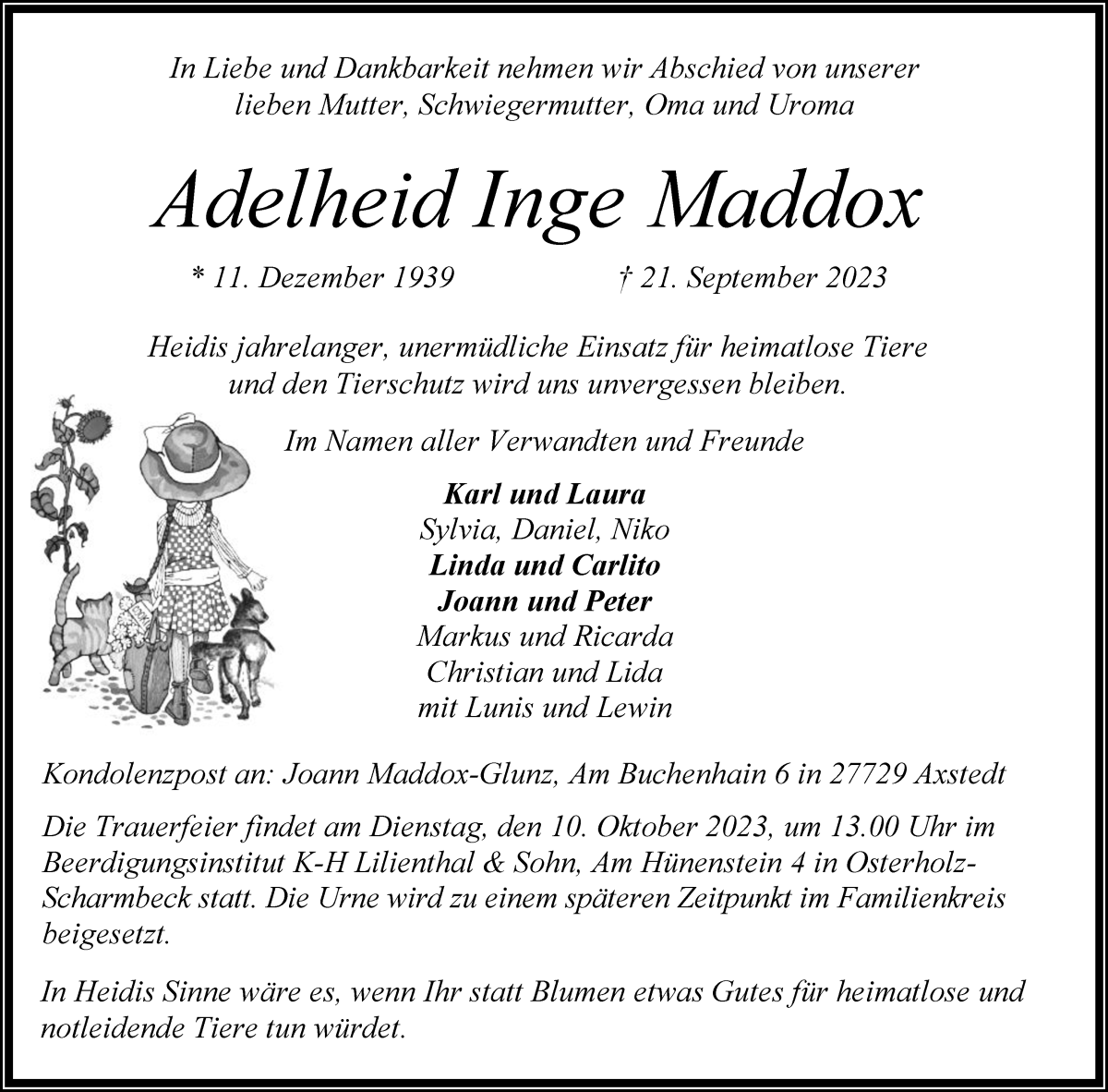 Traueranzeige von Adelheid Inge Maddox von Osterholzer Kreisblatt