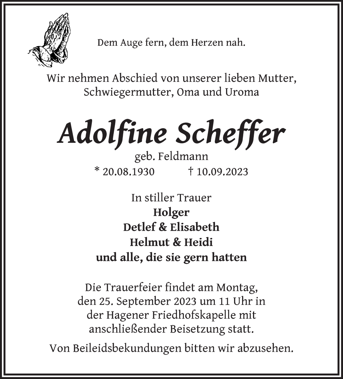 Traueranzeige von Adolfine Scheffer von WESER-KURIER
