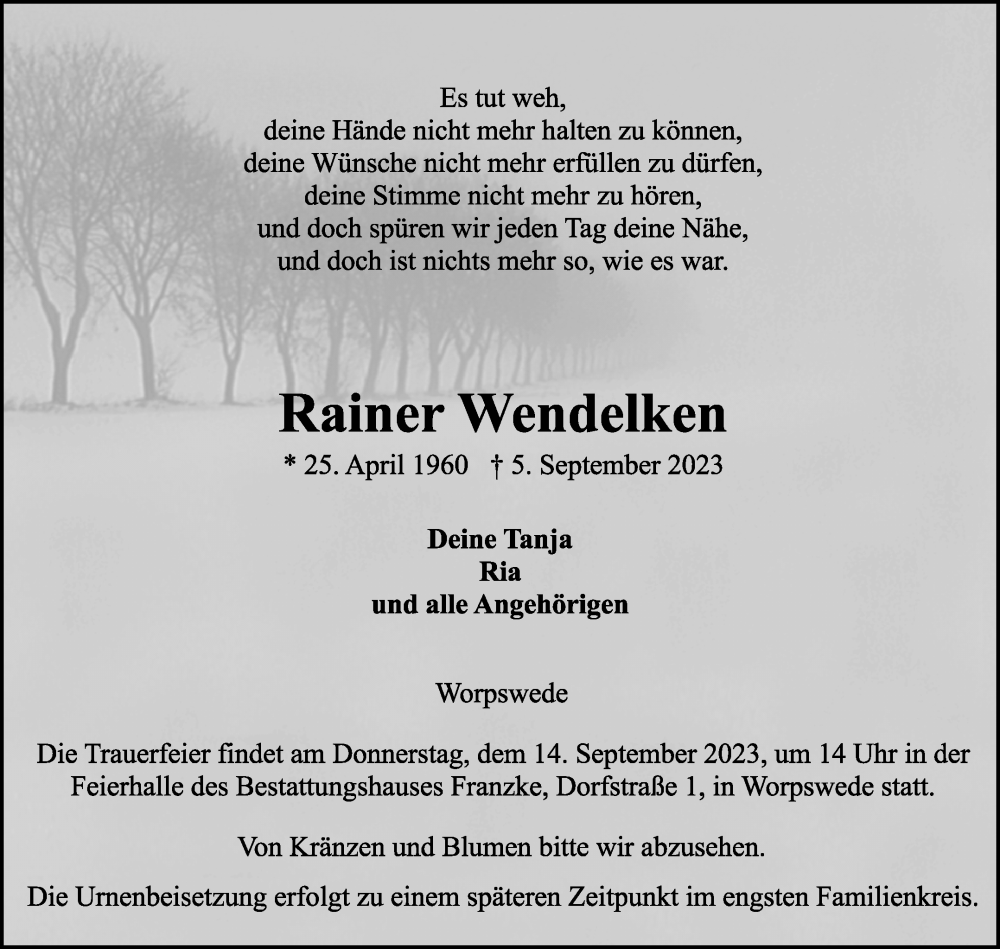 Traueranzeige von Rainer Wendelken von Wümme Zeitung