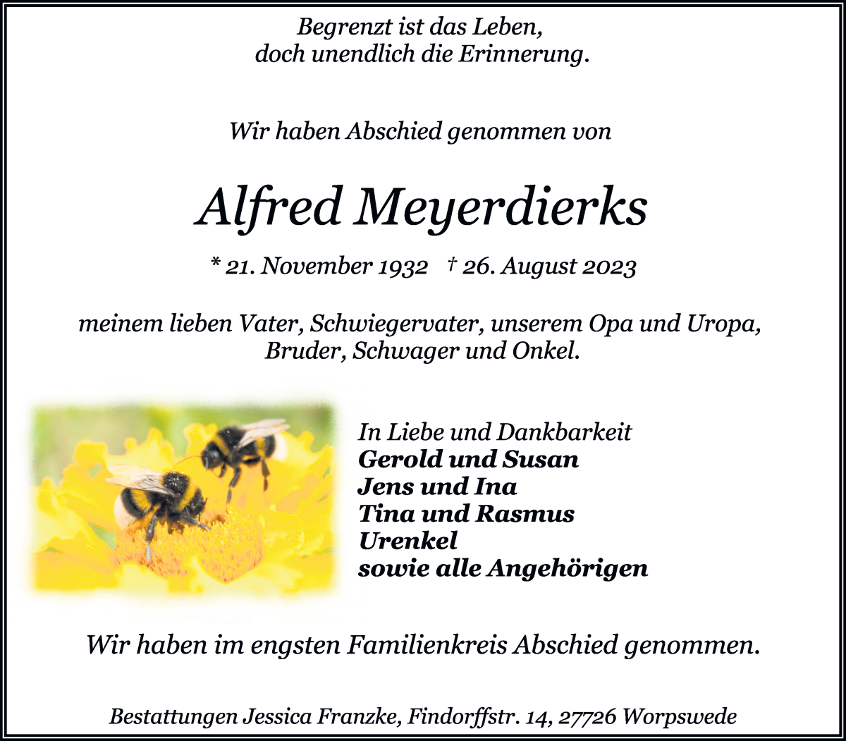 Traueranzeige von Alfred Meyerdierks von Wuemme Zeitung