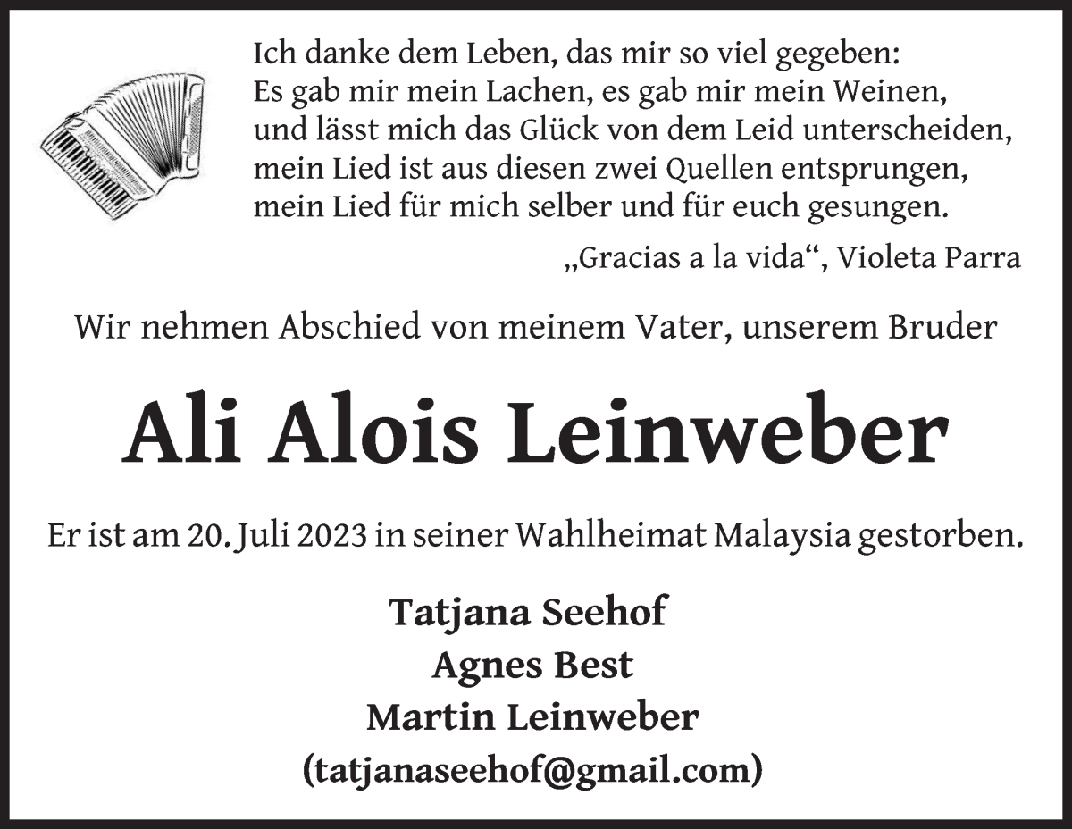 Traueranzeige von Ali Alois Leinweber von WESER-KURIER