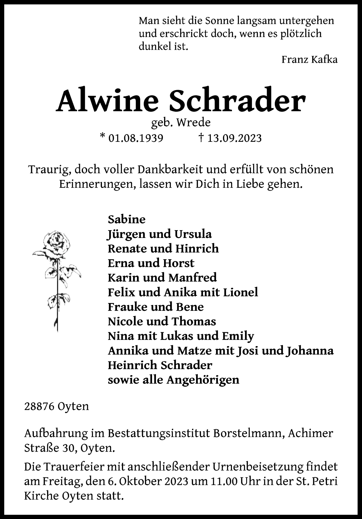 Traueranzeige von Alwine Schrader von Achimer Kurier/Verdener Nachrichten