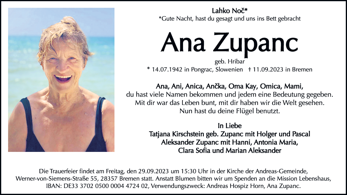 Traueranzeige von Ana Zupanc von WESER-KURIER