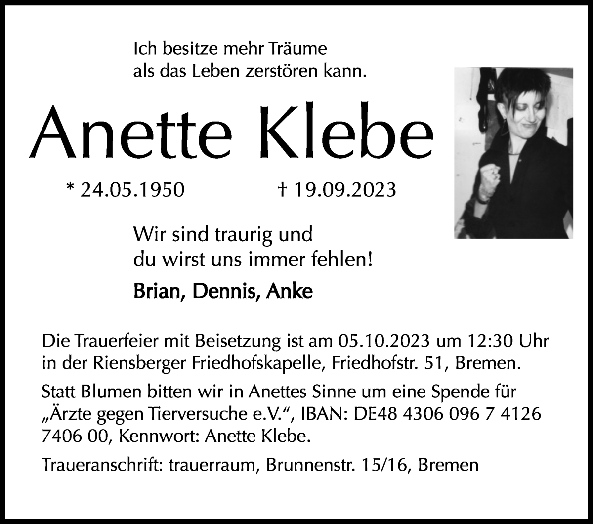 Traueranzeige von Anette Klebe von WESER-KURIER
