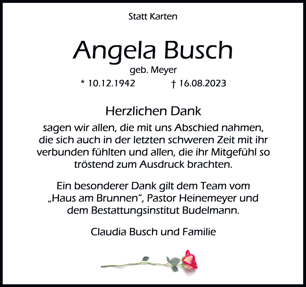 Traueranzeige von Angela Busch von Regionale Rundschau/Syker Kurier
