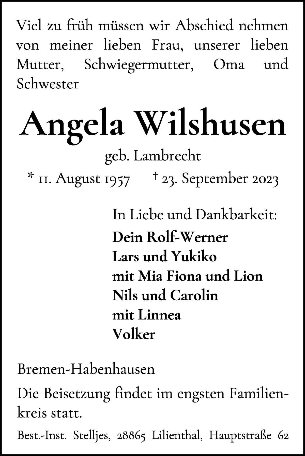 Traueranzeige von Angela Wilshusen von WESER-KURIER