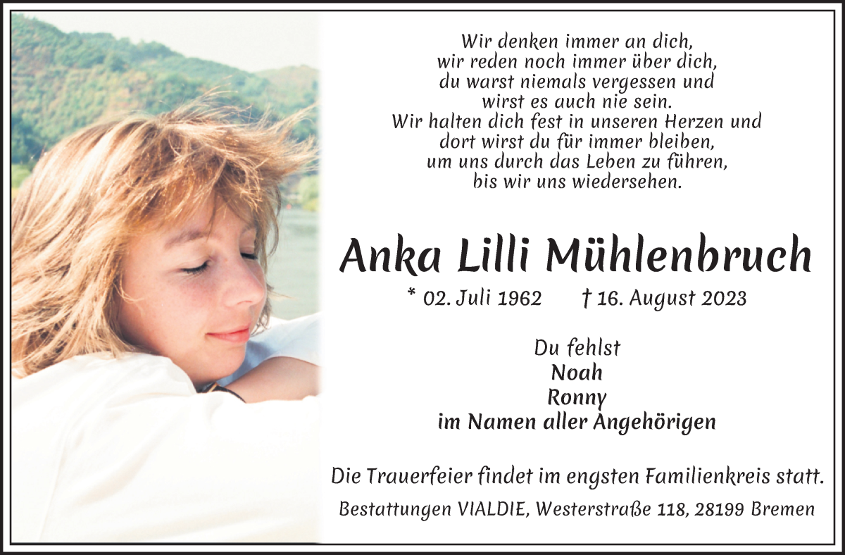 Traueranzeige von Anka Mühlenbruch von WESER-KURIER