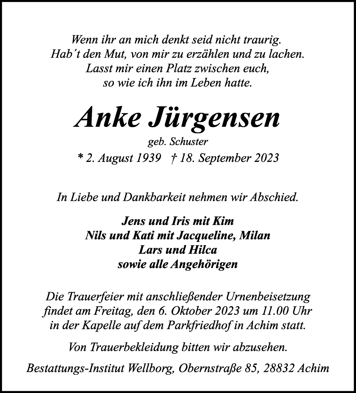 Traueranzeige von Anke Jürgensen von WESER-KURIER