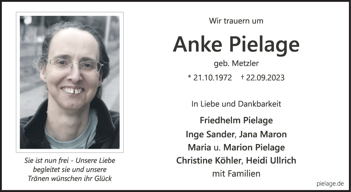 Traueranzeige von Anke Pielage von WESER-KURIER