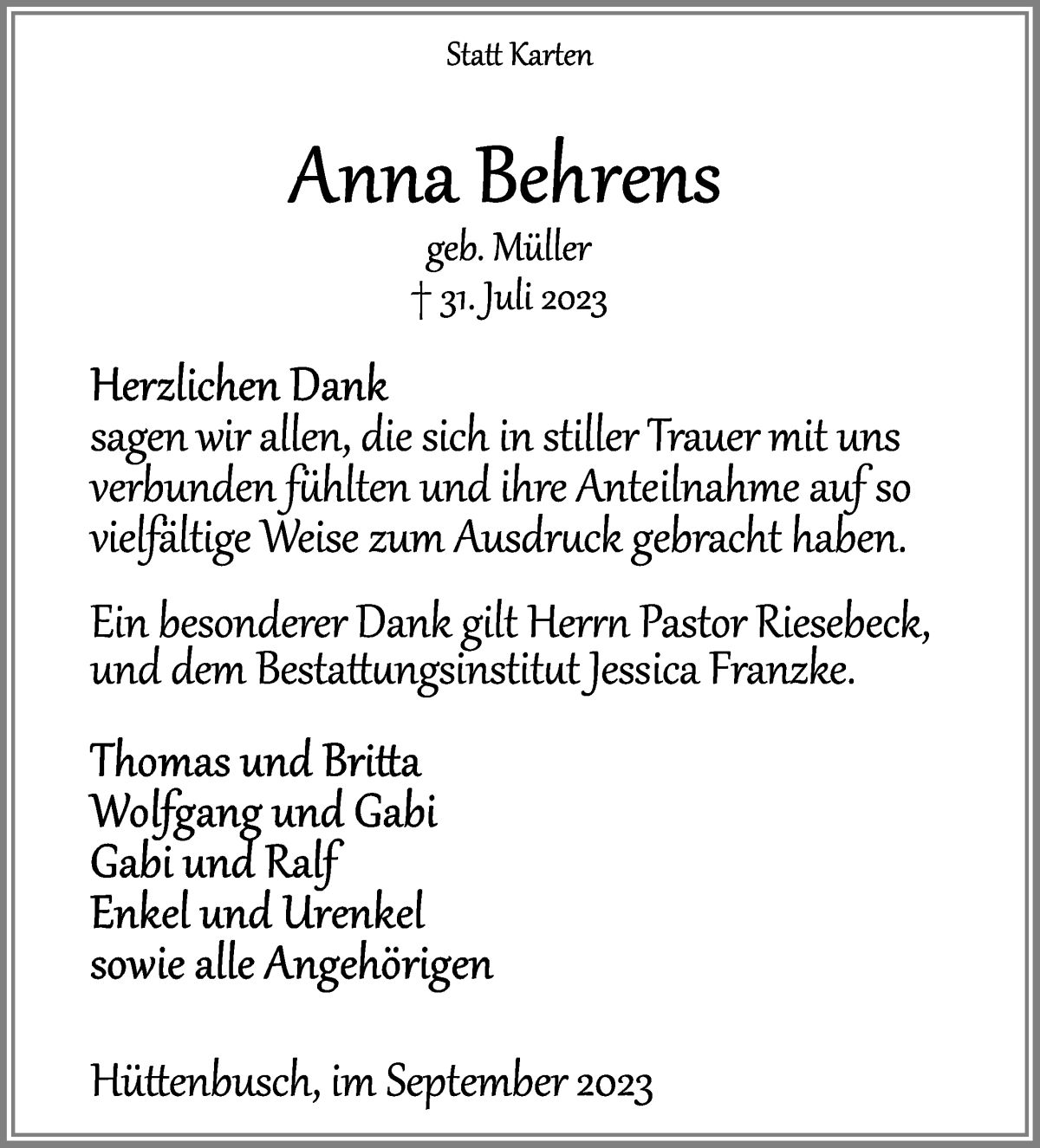 Traueranzeige von Anna Behrens von Wuemme Zeitung