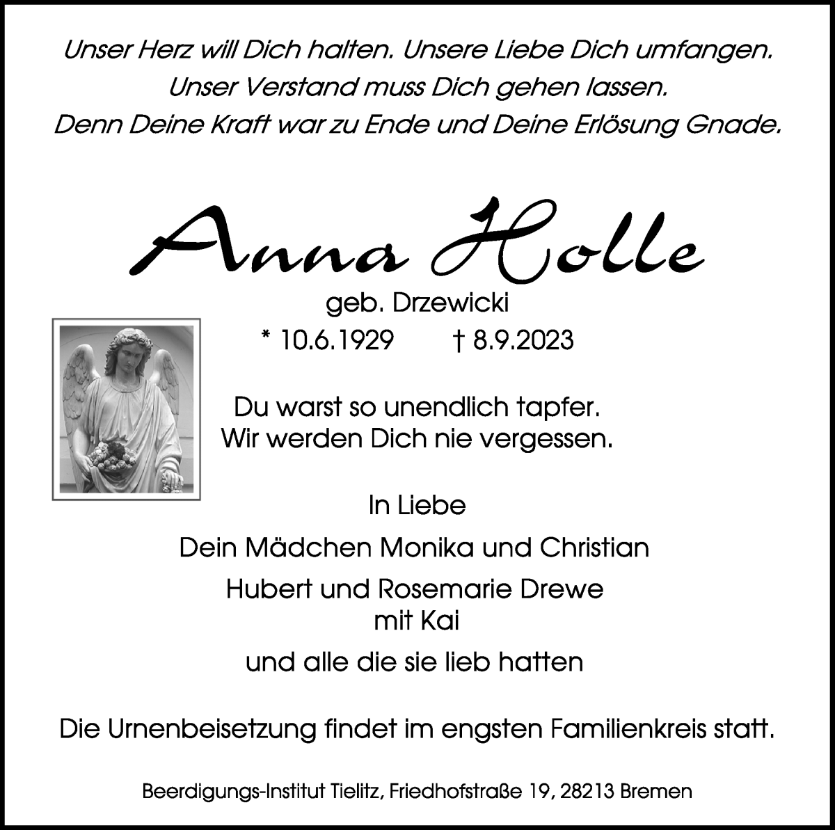 Traueranzeige von Anna Holle von WESER-KURIER