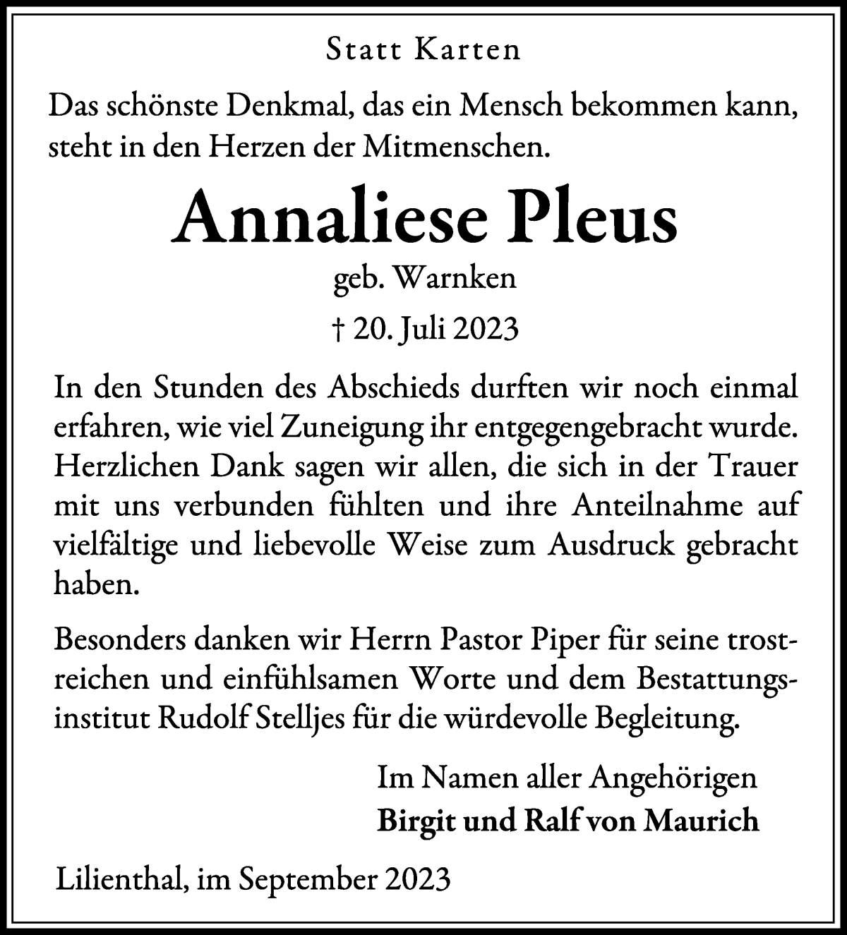 Traueranzeige von Annaliese Pleus von Wuemme Zeitung