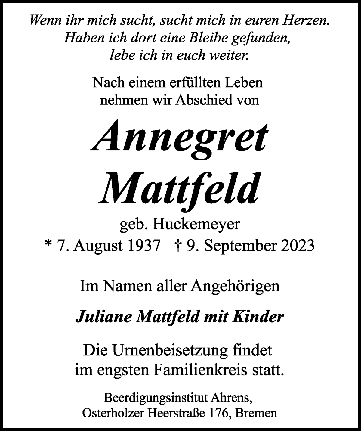 Traueranzeige von Annegret Mattfeld von WESER-KURIER