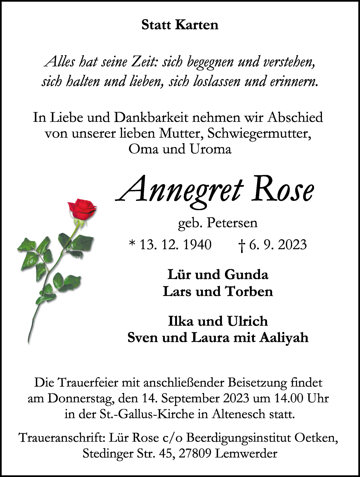 Traueranzeige von Annegret Rose von Die Norddeutsche