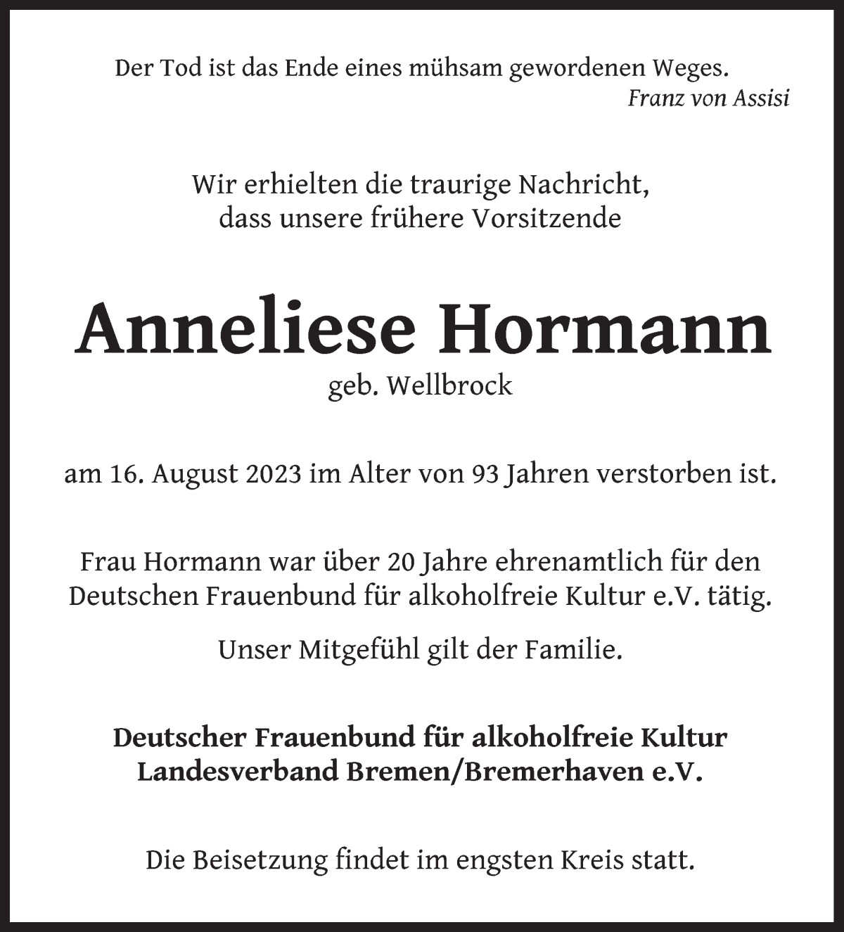 Traueranzeige von Anneliese Hormann von WESER-KURIER