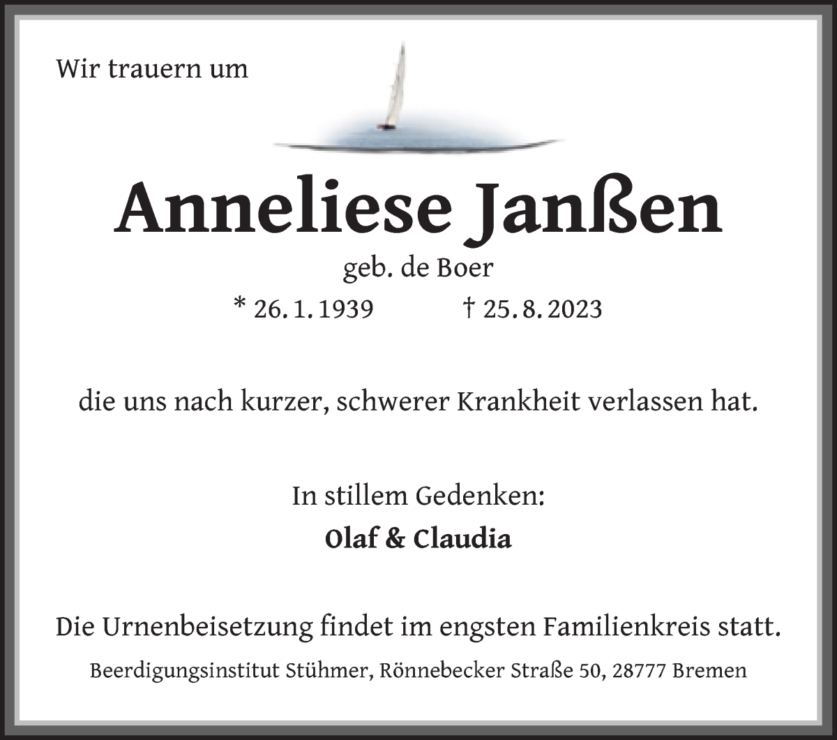 Traueranzeige von Anneliese Janßen von Die Norddeutsche