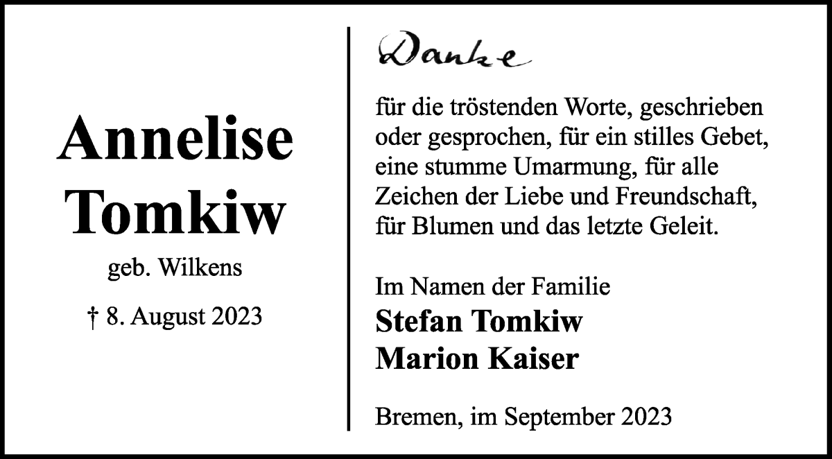 Traueranzeige von Annelise Tomkiw von WESER-KURIER
