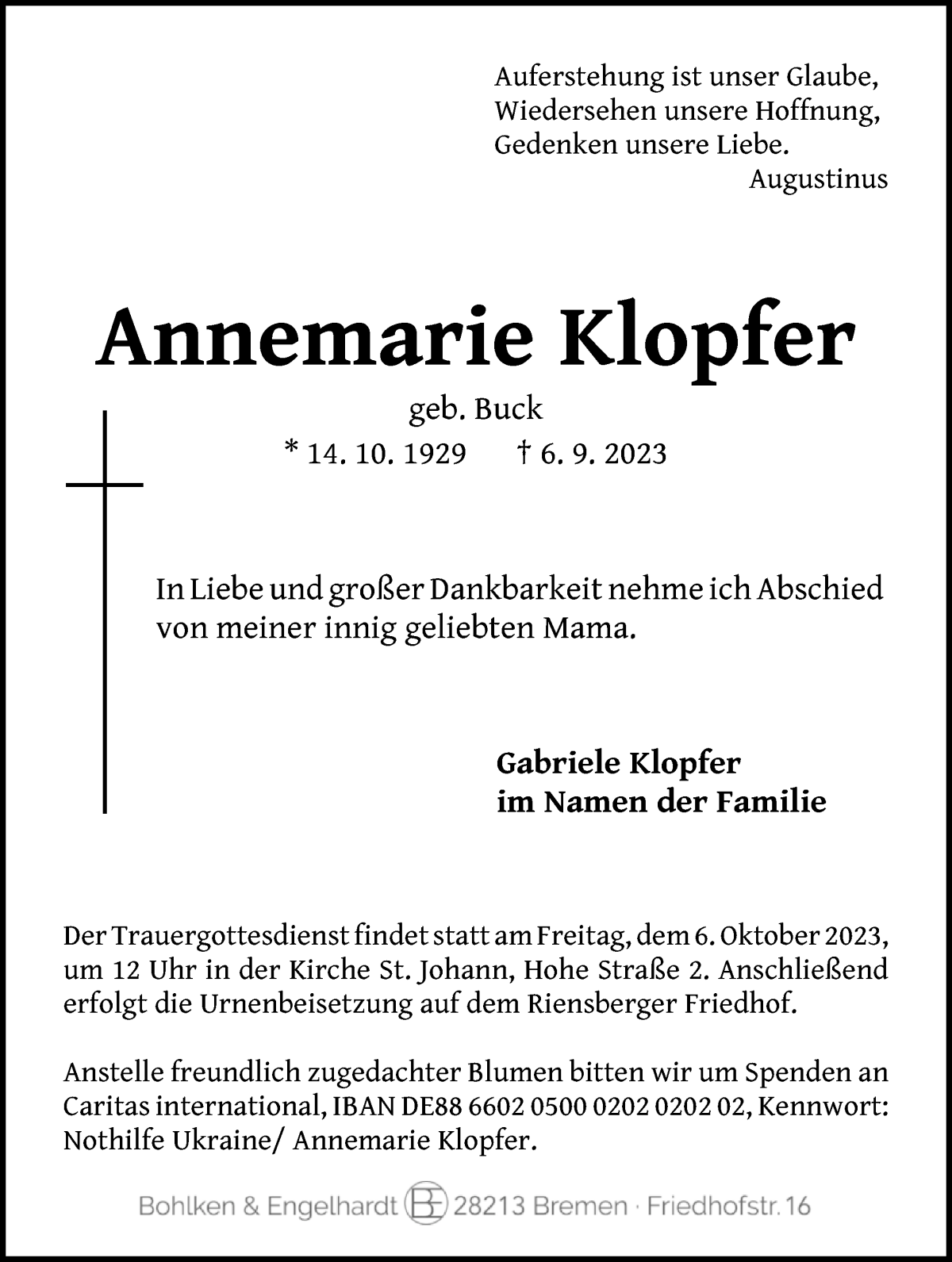 Traueranzeige von Annemarie Klopfer von WESER-KURIER