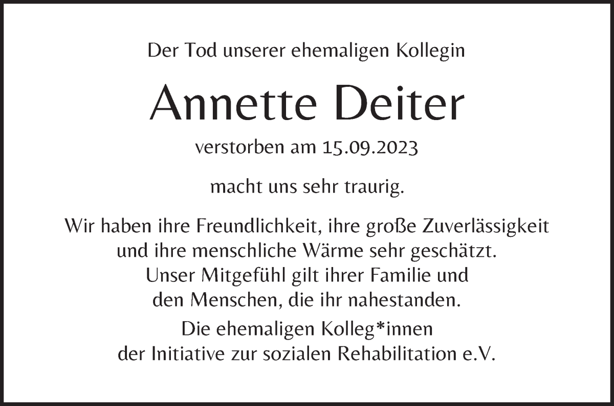 Traueranzeige von Annette Deiter von WESER-KURIER