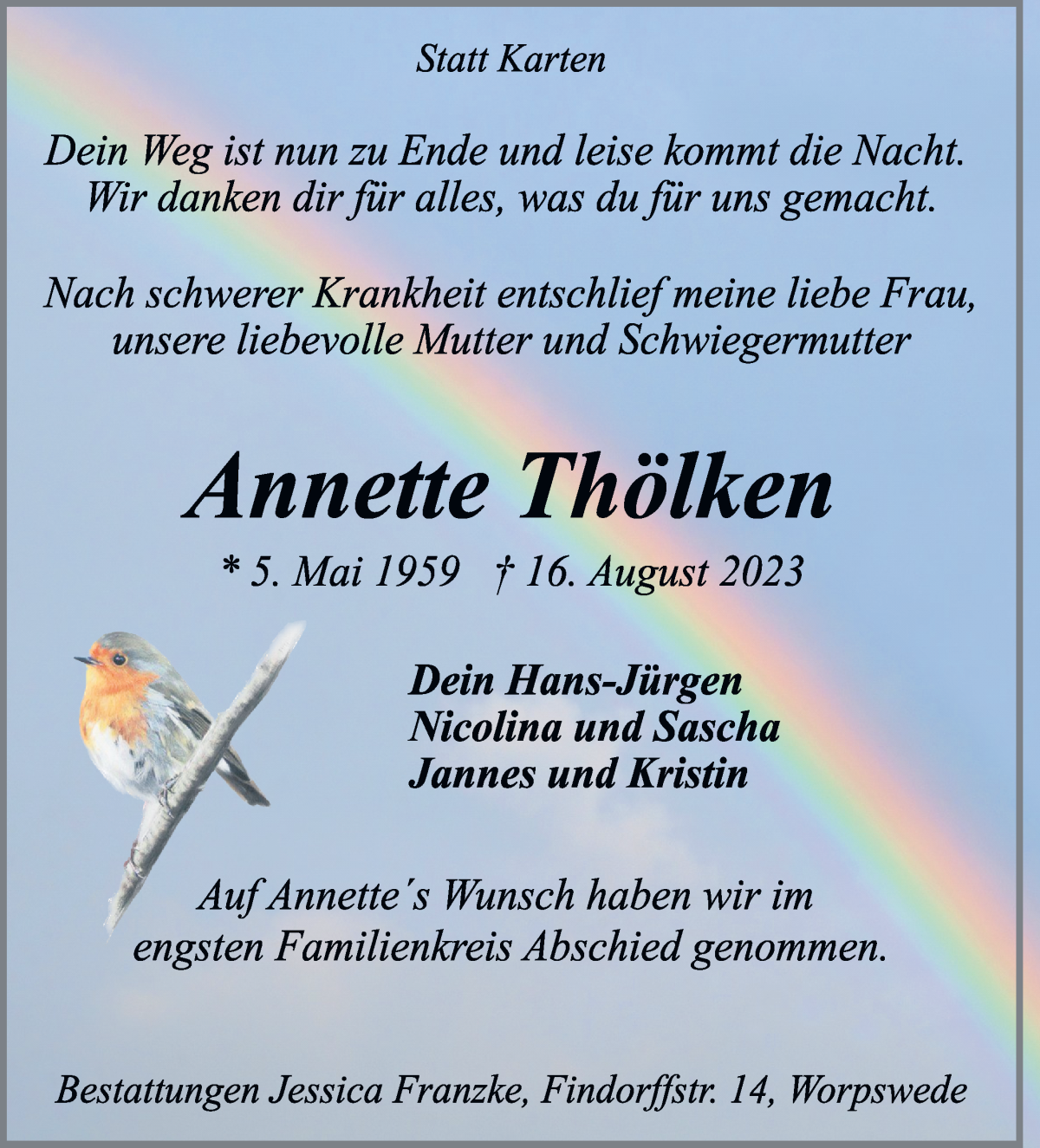 Traueranzeige von Annette Thölken von Wuemme Zeitung