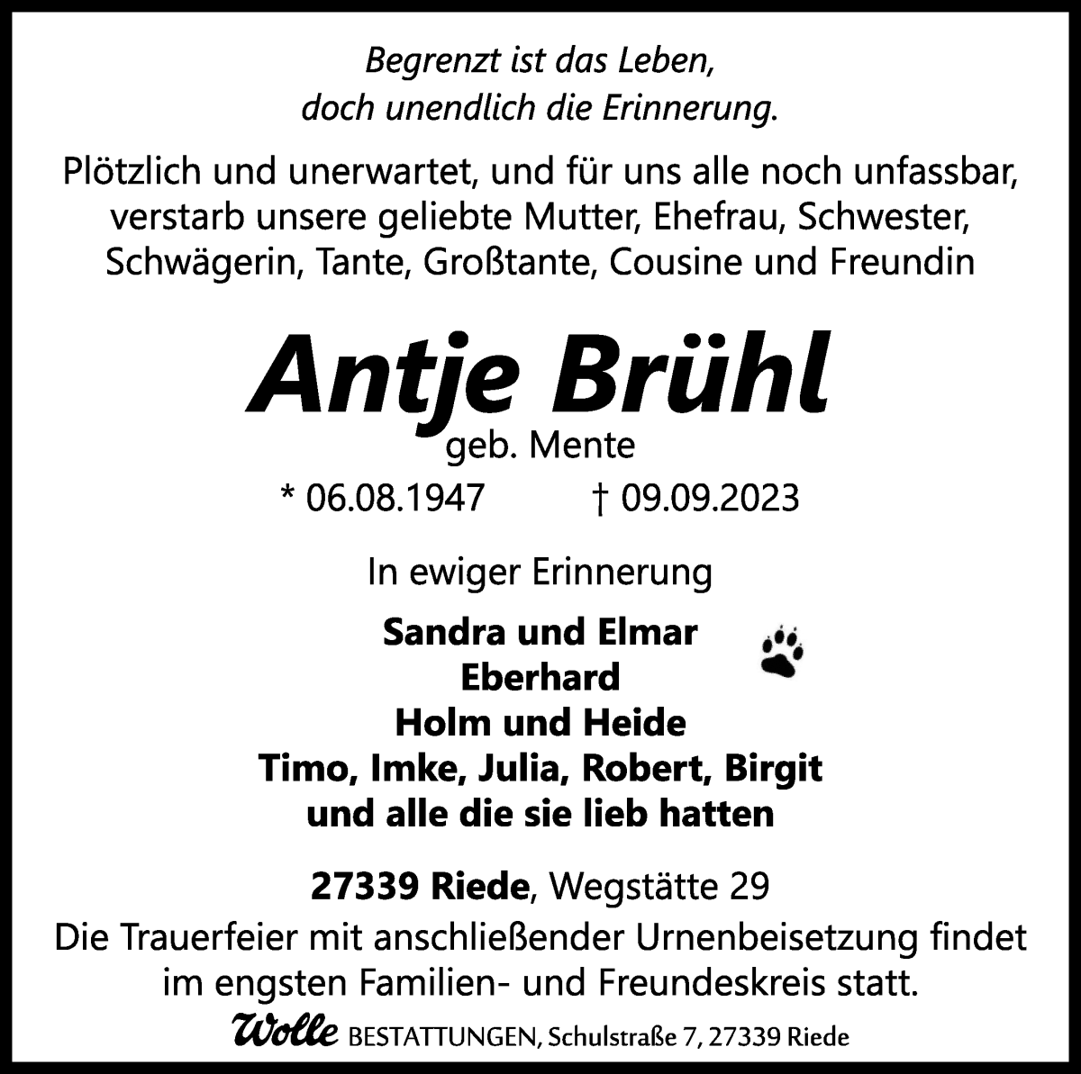 Traueranzeige von Antje Brühl von WESER-KURIER