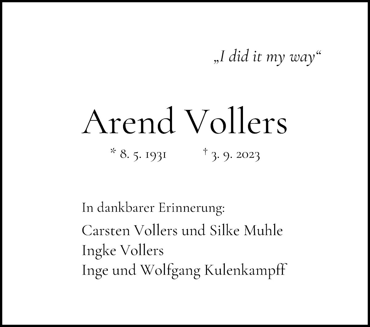 Traueranzeige von Arend Vollers von WESER-KURIER
