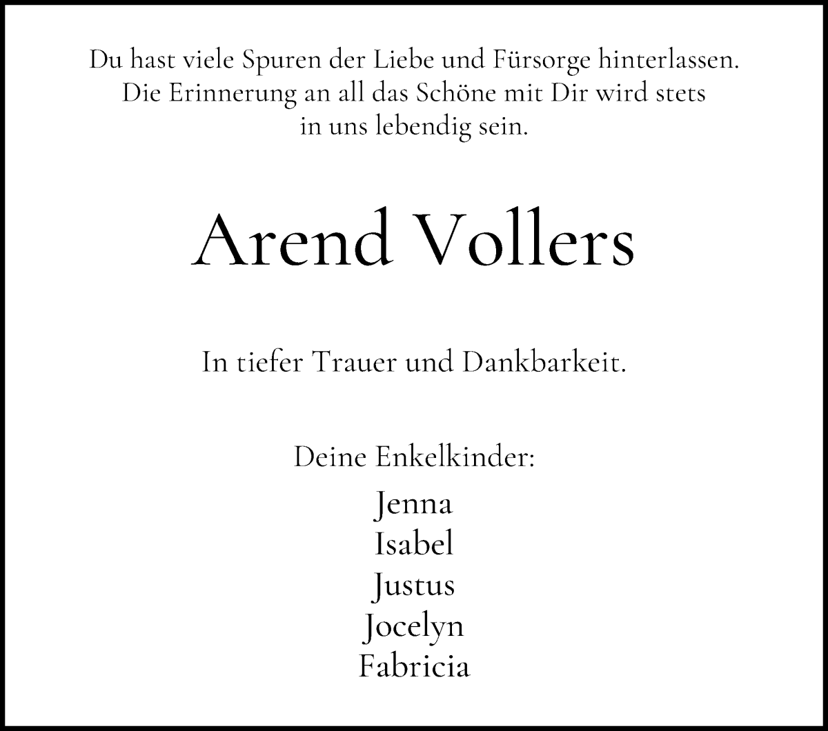 Traueranzeige von Arend Vollers von WESER-KURIER